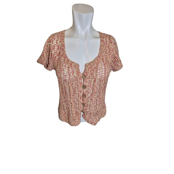 J H Collectibles VTG Boho Crochet Sweater Top Open Knit Short Sleeve Top Sz L - Picture 4 of 7